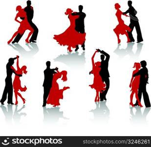 Silhouettes of the pairs dancing ballroom dances. A waltz, a tango, a foxtrot.