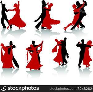 Silhouettes of the pairs dancing ballroom dances. A waltz, a tango, a foxtrot.