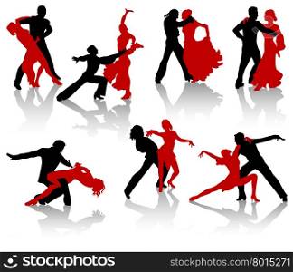 Silhouettes of the pairs dancing ballroom dances. A waltz, a tango, a foxtrot.