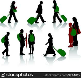 Silhouettes of tourists with luggage