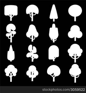Silhouettes of trees. Simple tree icons collection for design of architectural compositions, organic eco symbol, botanical decoration concept, flat vector white shapes isolated on black background. Silhouettes of trees. Tree icons collection for design of architectural compositions, organic eco symbol, botanical decoration concept, flat vector white shapes isolated on black background