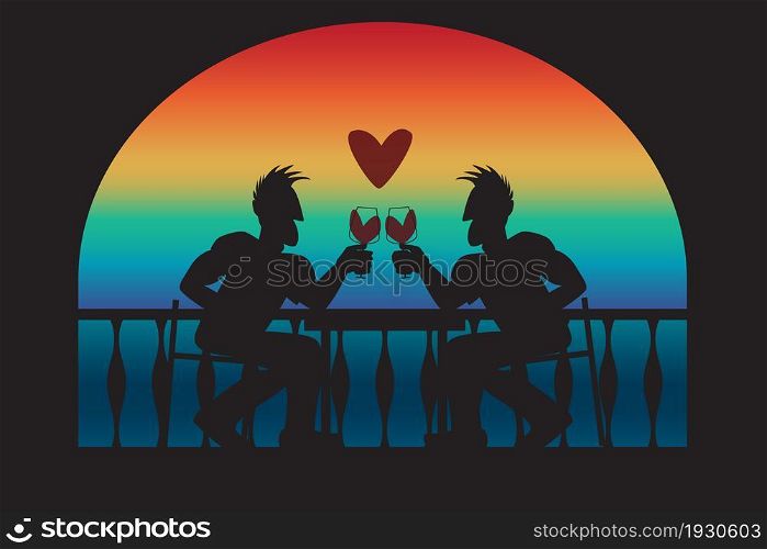 Silhouettes of two men against the sunset. Vector illustration.