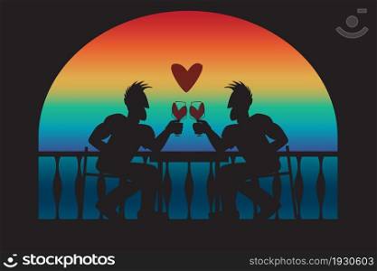 Silhouettes of two men against the sunset. Vector illustration.