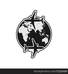 Silhouettes of two planes fly around the globe. Simple flat design for a logo, a sticker for your site or application