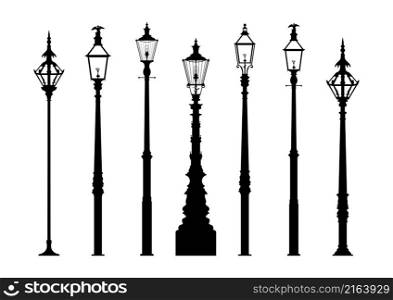 Silhouettes of vintage gas lantern. Street lamp silhouette set. Flat vector.