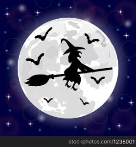 Silhouettes of witches and bats on a background of the moon. Silhouettes of witches and bats
