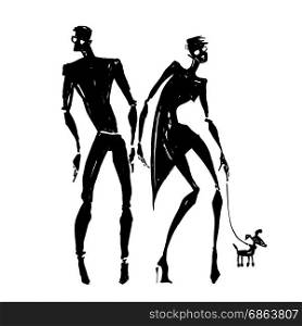 Silhouettes of woman and man. Couple with a dog. Hand drawn Vector illustration.. Silhouettes of woman and man.