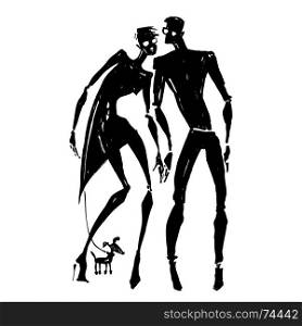Silhouettes of woman and man.. Silhouettes of woman and man. Couple with a dog. Hand drawn Vector illustration.