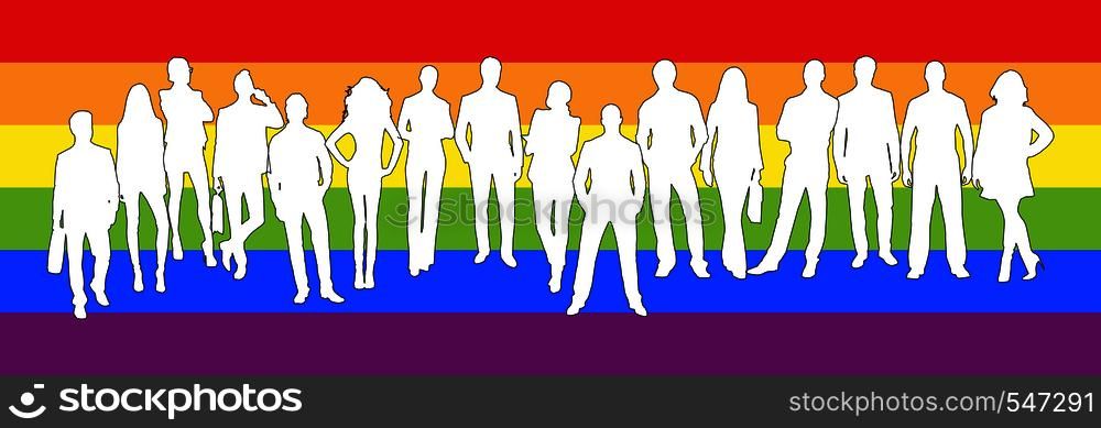 Silhouettes of women and men in the background of the colours of the LGBT