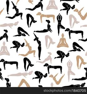 Silhouettes of women in different asanas. Vector illustration isolated on white background. Can be used to decorate a meditation hall, packaging, sportswear.
