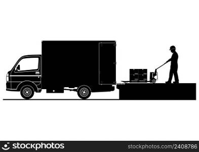 Silhouettes of worker with pallet stacker loading small truck from ramp. Vector.