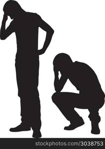 Silhouettes of worried men isolated on white