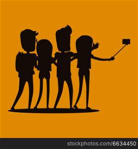Silhouettes of young modern people pose and smile for selfie isolated on white background. Friendship Day celebration together with friends and family vector illustration. Youth have fun in company. Silhouettes of Young Modern People Pose for Selfie