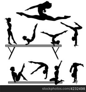 Silhouettes set of a female gymnast or gymnasts doing balance beam gymnastics exercises.