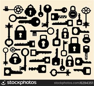 Silhouettes set of keys and locks on a yellow