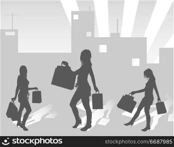 Silhouettes shopping girls on urban background