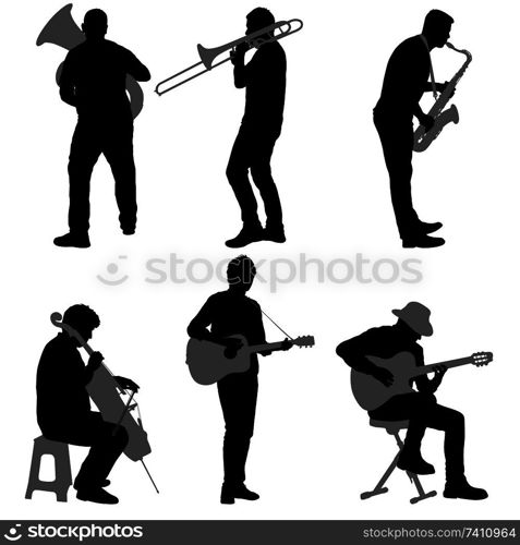 Silhouettes street musicians playing instruments on a white background.. Silhouettes street musicians playing instruments on a white background