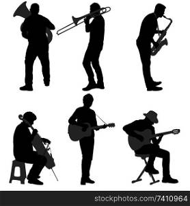 Silhouettes street musicians playing instruments on a white background.. Silhouettes street musicians playing instruments on a white background