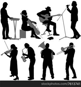 Silhouettes street musicians playing instruments on a white background.. Silhouettes street musicians playing instruments on a white background