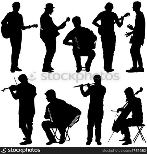 Silhouettes street musicians playing instruments. Vector illustration. Silhouettes street musicians playing instruments. Vector illustration.