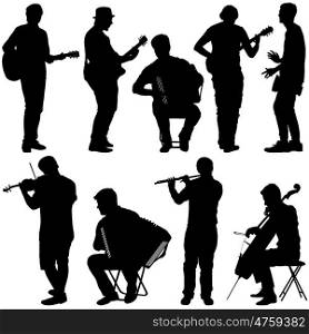 Silhouettes street musicians playing instruments. Vector illustration. Silhouettes street musicians playing instruments. Vector illustration.