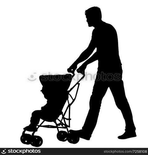 Silhouettes walkings father with baby strollers on white background.. Silhouettes walkings father with baby strollers on white background