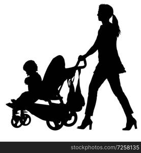 Silhouettes walkings mothers with baby strollers on white background.. Silhouettes walkings mothers with baby strollers on white background