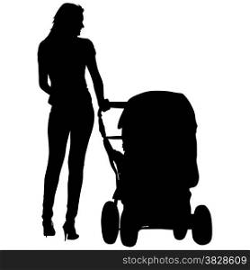 Silhouettes walkings mothers with baby strollers. Vector illustration.