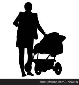 Silhouettes walkings mothers with baby strollers. Vector illustration.