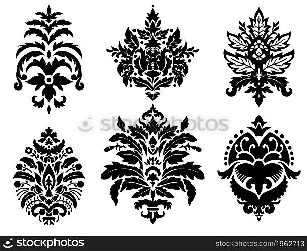 Silhouettes with damask motifs and ornaments, decorative prints. Isolated arabesque classic decorative element, oriental or baroque botany. Flowers and foliage with leaves. Vector in flat style. Damask ornaments, flowers and motifs silhouette
