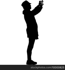 Silhouettes woman taking selfie with smartphone on white background.. Silhouettes woman taking selfie with smartphone on white background