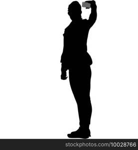 Silhouettes woman taking selfie with smartphone on white background.. Silhouettes woman taking selfie with smartphone on white background