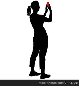 Silhouettes woman taking selfie with smartphone on white background.. Silhouettes woman taking selfie with smartphone on white background