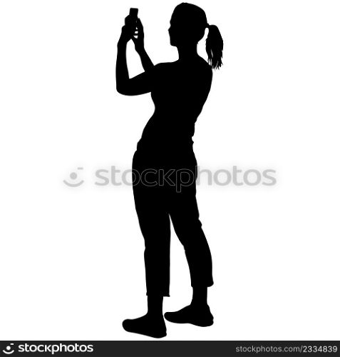 Silhouettes woman taking selfie with smartphone on white background.. Silhouettes woman taking selfie with smartphone on white background