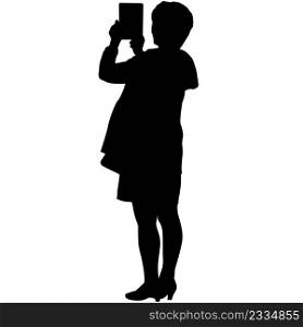 Silhouettes woman taking selfie with smartphone on white background.. Silhouettes woman taking selfie with smartphone on white background
