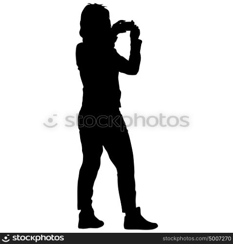 Silhouettes woman taking selfie with smartphone on white background. Silhouettes woman taking selfie with smartphone on white background.