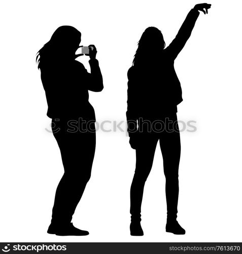 Silhouettes woman taking selfie with smartphone on white background.. Silhouettes woman taking selfie with smartphone on white background