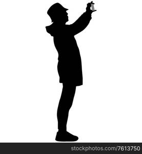 Silhouettes woman taking selfie with smartphone on white background.. Silhouettes woman taking selfie with smartphone on white background