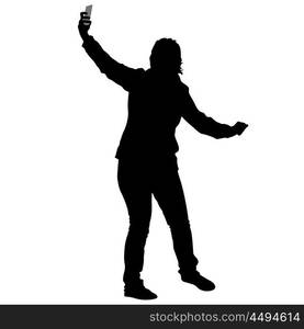 Silhouettes woman taking selfie with smartphone on white background. Vector illustration. Silhouettes woman taking selfie with smartphone on white background. Vector illustration.