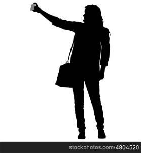 Silhouettes woman taking selfie with smartphone on white background. Vector illustration. Silhouettes woman taking selfie with smartphone on white background. Vector illustration.