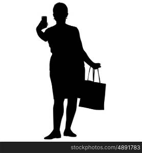 Silhouettes woman taking selfie with smartphone on white background. Vector illustration. Silhouettes woman taking selfie with smartphone on white background. Vector illustration.