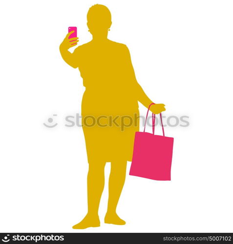 Silhouettes woman taking selfie with smartphone on white background. Vector illustration. Silhouettes woman taking selfie with smartphone on white background. Vector illustration.