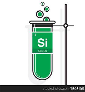 Silicon symbol on label in a green test tube with holder. Element number 14 of the Periodic Table of the Elements - Chemistry