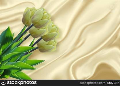 Silk Background with Tulip Flower Bouquet. Soft Satin Texture cloth. Wave material abstract Pattern. Smooth Drapery Curtain Textile. Fold Mesh Drape. Yellow Spring Blossom Tulip.. Silk Background with Tulip Flower Bouquet. Soft