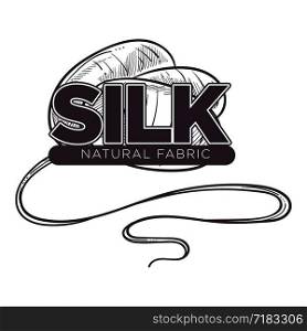 Silk natural 100 percent fabric thread poster with text vector. Monochrome sketch outline, cloth made of soft fabric, smooth texture of woven material for creation of clothes. Textile filament object. Silk natural fabric thread poster with text