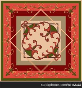 Silk scarf or kerchief Rococo style vector frame design. Floral vintage shawl background