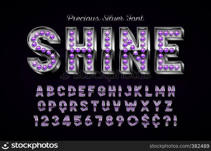 Silver 3d font with gems, gold letters and numbers. Vintage characters set. Silver 3d font with gems, gold letters and numbers.