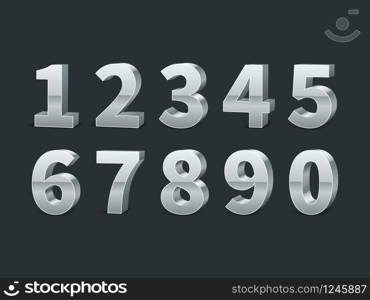 Silver 3d numbers. Realistic shiny metallic number symbols with shadows, creative chrome or platinum digits, credit cards font, typographic vector set. Silver 3d numbers. Realistic shiny metallic number symbols with shadows, creative chrome digits, credit cards font, typographic vector set