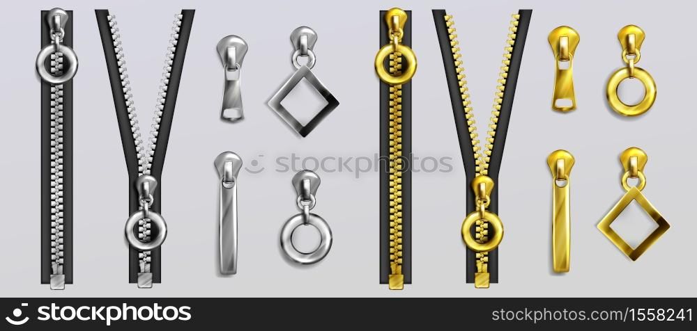 Silver and gold zippers with different shapes pullers isolated on gray background. Vector realistic set of open and closed metal zip fasteners and sliders for clothes and accessories. Silver and gold zippers with pullers