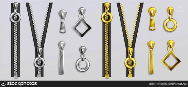 Silver and gold zippers with different shapes pullers isolated on gray background. Vector realistic set of open and closed metal zip fasteners and sliders for clothes and accessories. Silver and gold zippers with pullers